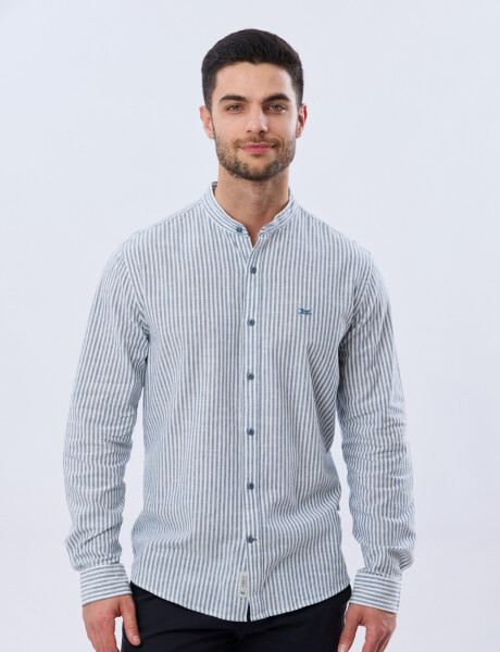 CAMISA RAYADA DE LINO CUELLO MAO Denim