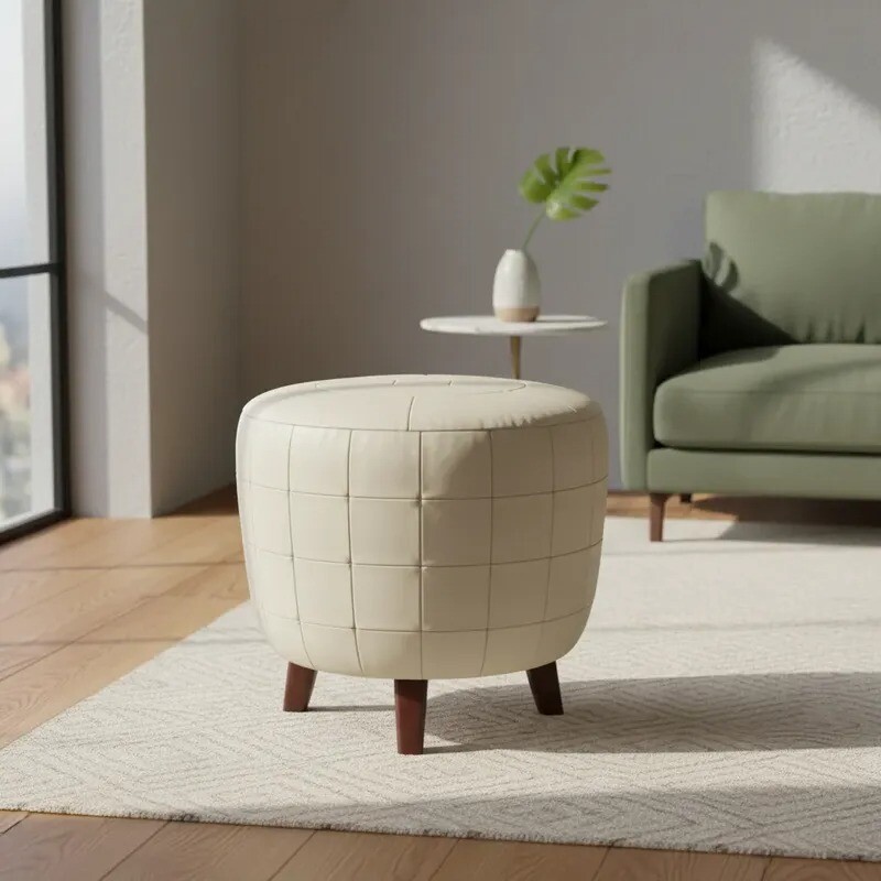 Puff cuero natural Patchwork c/ patas de madera 50cm diámetro Puff cuero natural Patchwork c/ patas de madera 50cm diámetro