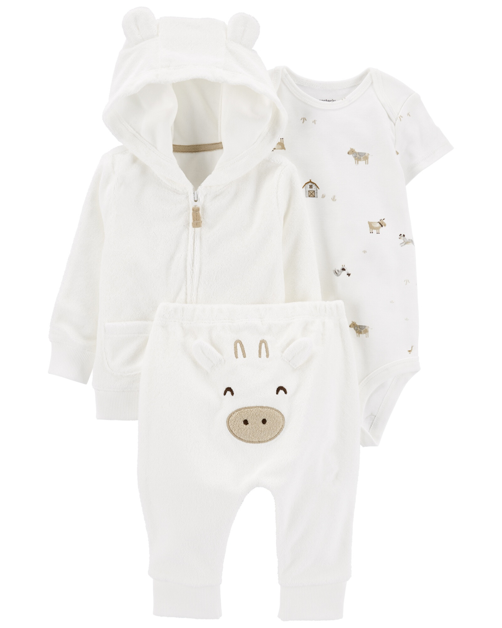 Set tres piezas campera y pantalón de terry más body, diseño vaca Set tres piezas campera y pantalón de terry más body, diseño vaca