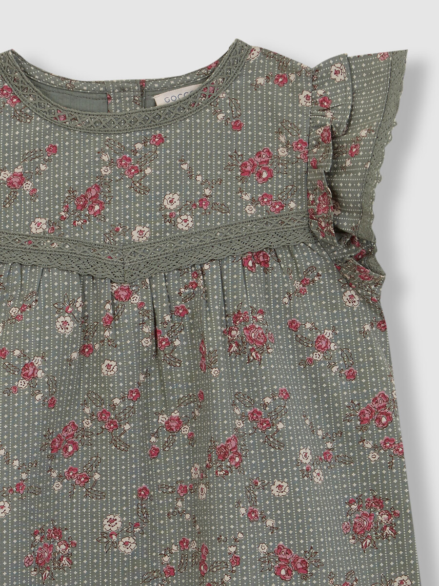 Vestido Estampado De Flores Con Tiras Bordadas Verde