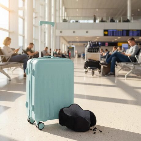 Set Valija Mediana Rigida + Almohadón Cervical Memoria Negro Celeste