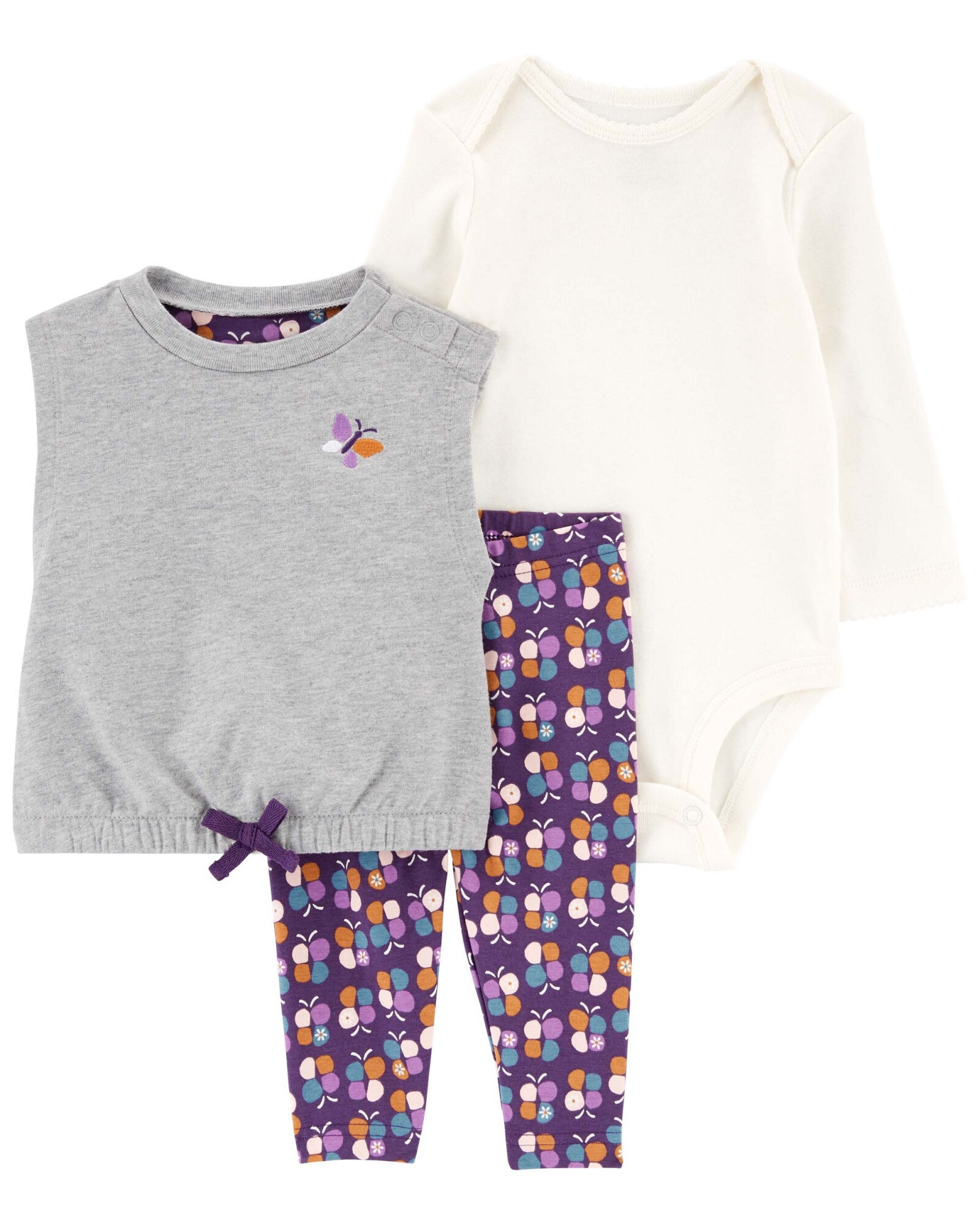 Set tres piezas de algodón, chaleco, calza y body Set tres piezas de algodón, chaleco, calza y body