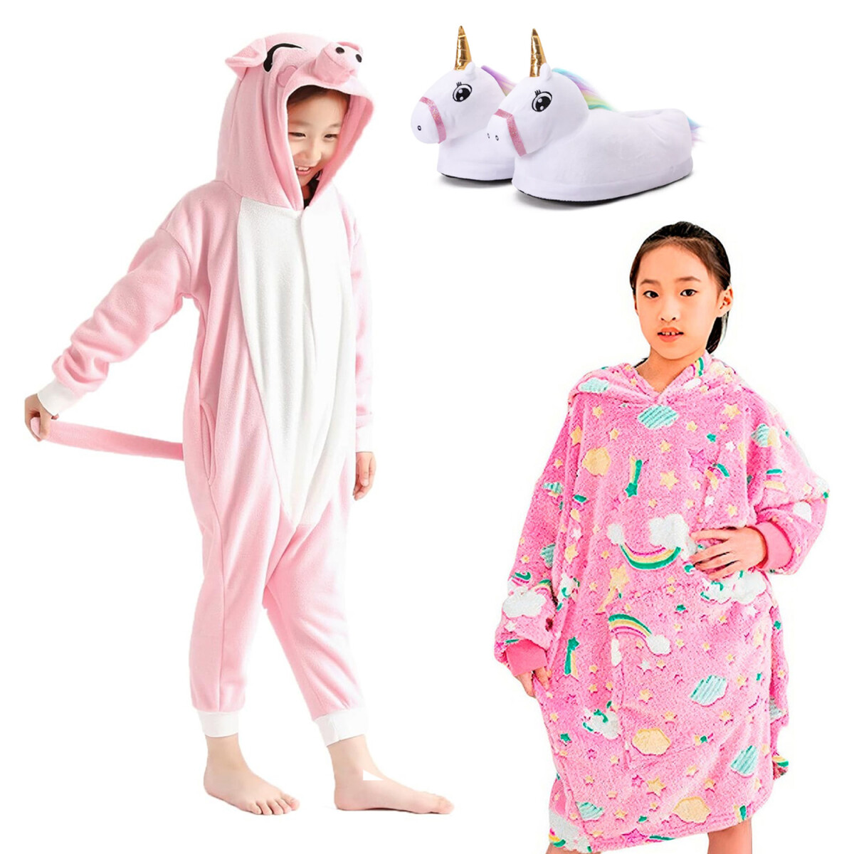 Set Infantil Pijama Cerdito + Pantuflas + Canguro Oversize - Rosa/blanco 