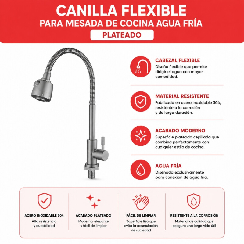 Canilla flexible para mesada de cocina agua fría PLATEADO