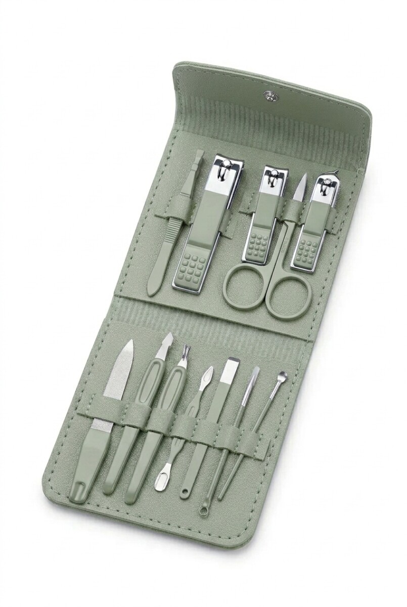 Set manicura estuche cuero vegano 12 piezas - verde 