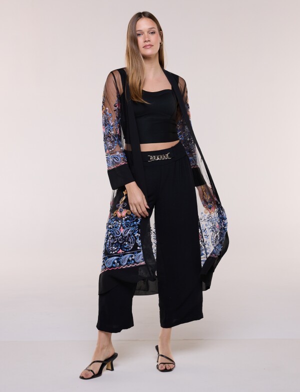 Cardigan Kimono Largo De Tul Bordado NEGRO/MULTI