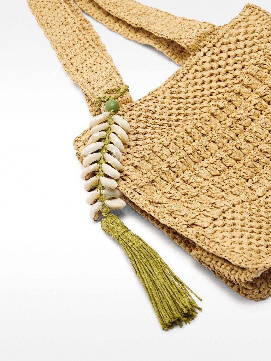 Bolso Tote Efecto Rafia Con Detalle De Conchas Colgante M natural