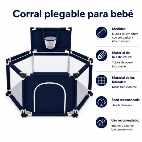 Corral Bebé Plegable Con Aro Basket Pelotero Seguro Azul Marino