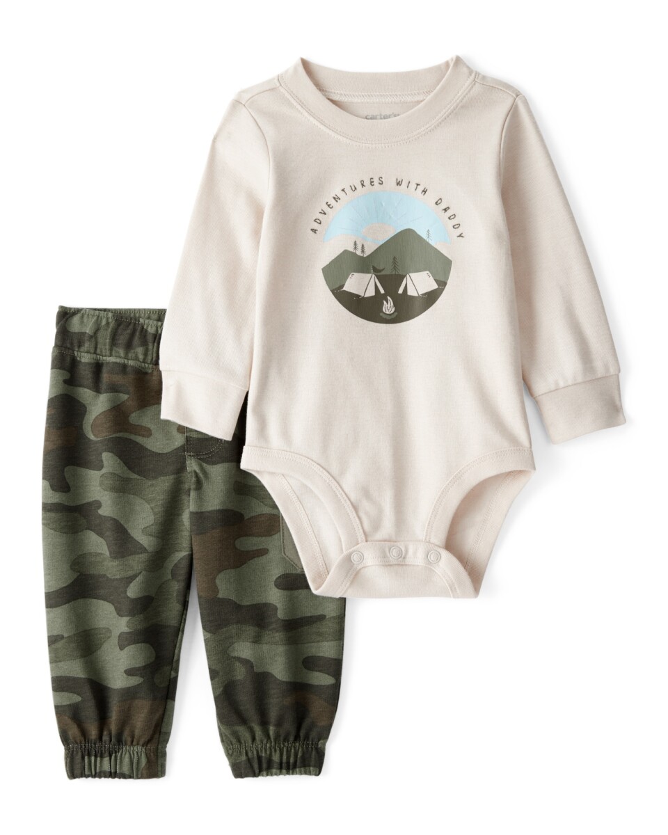 Set dos piezas de algodón, pantalón y body, diseño camping 