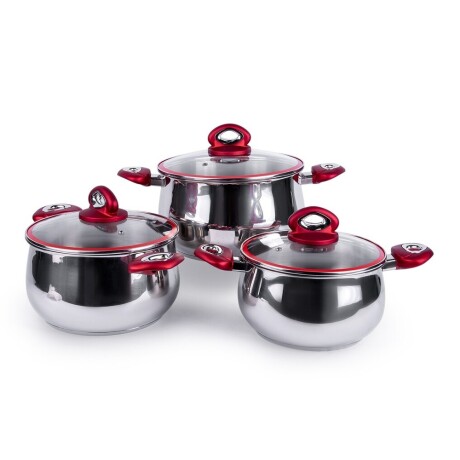 Juego Batería Cocina 3 Cacerolas Acero Inox c/ Tapa Vidrio Rojo