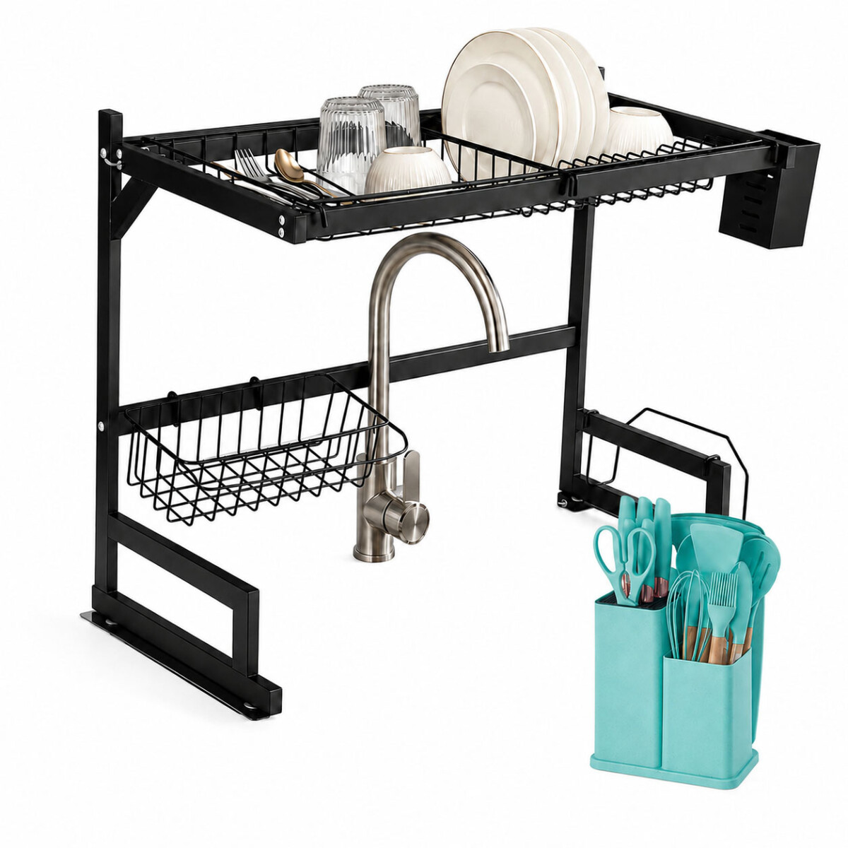 Set Utensilios Cocina 19Pz + Escurridor Ac.Inox Sobre Mesada - Turquesa 
