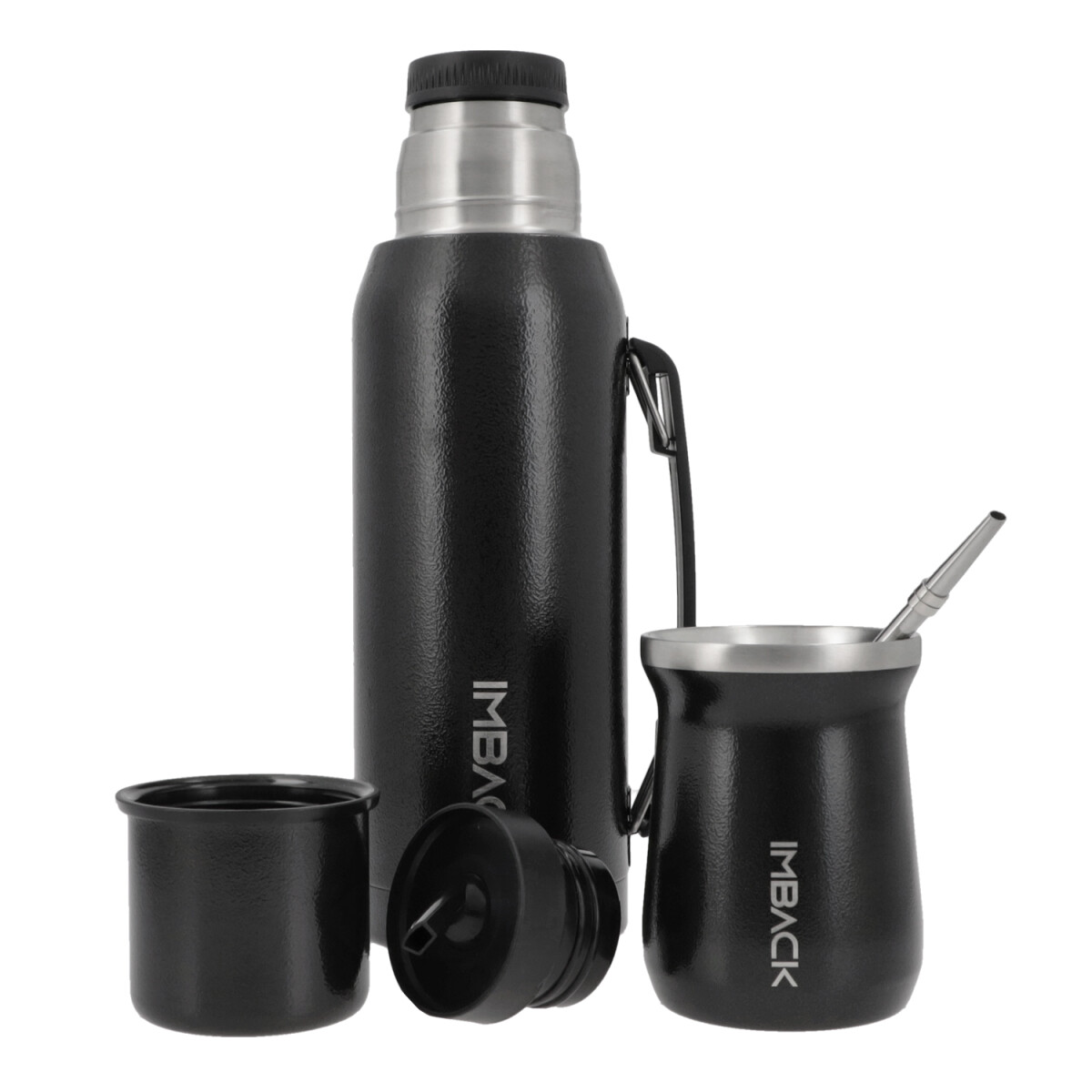 Set Termo de Acero Inoxidable Doble Capa y Doble Pico de 1 litro Color Negro + Mate + Bombilla 