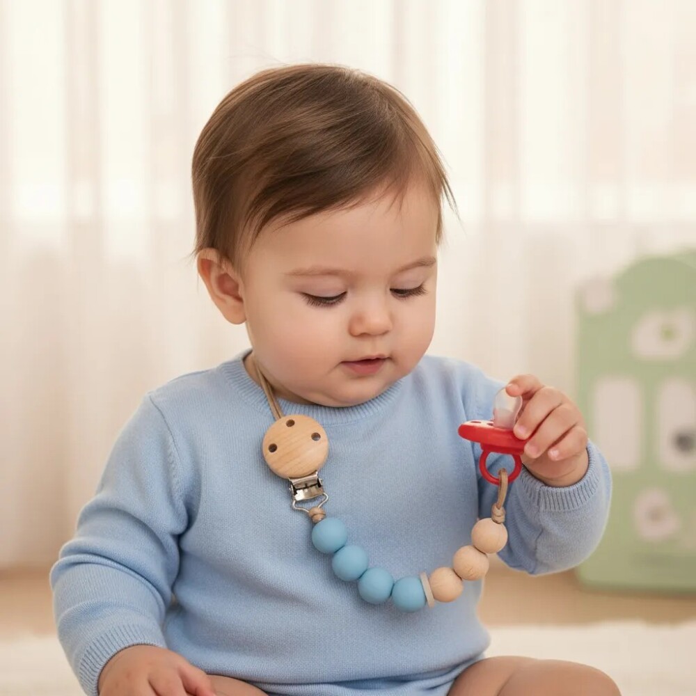 Clip para chupete silicona & bambu BUBA celeste