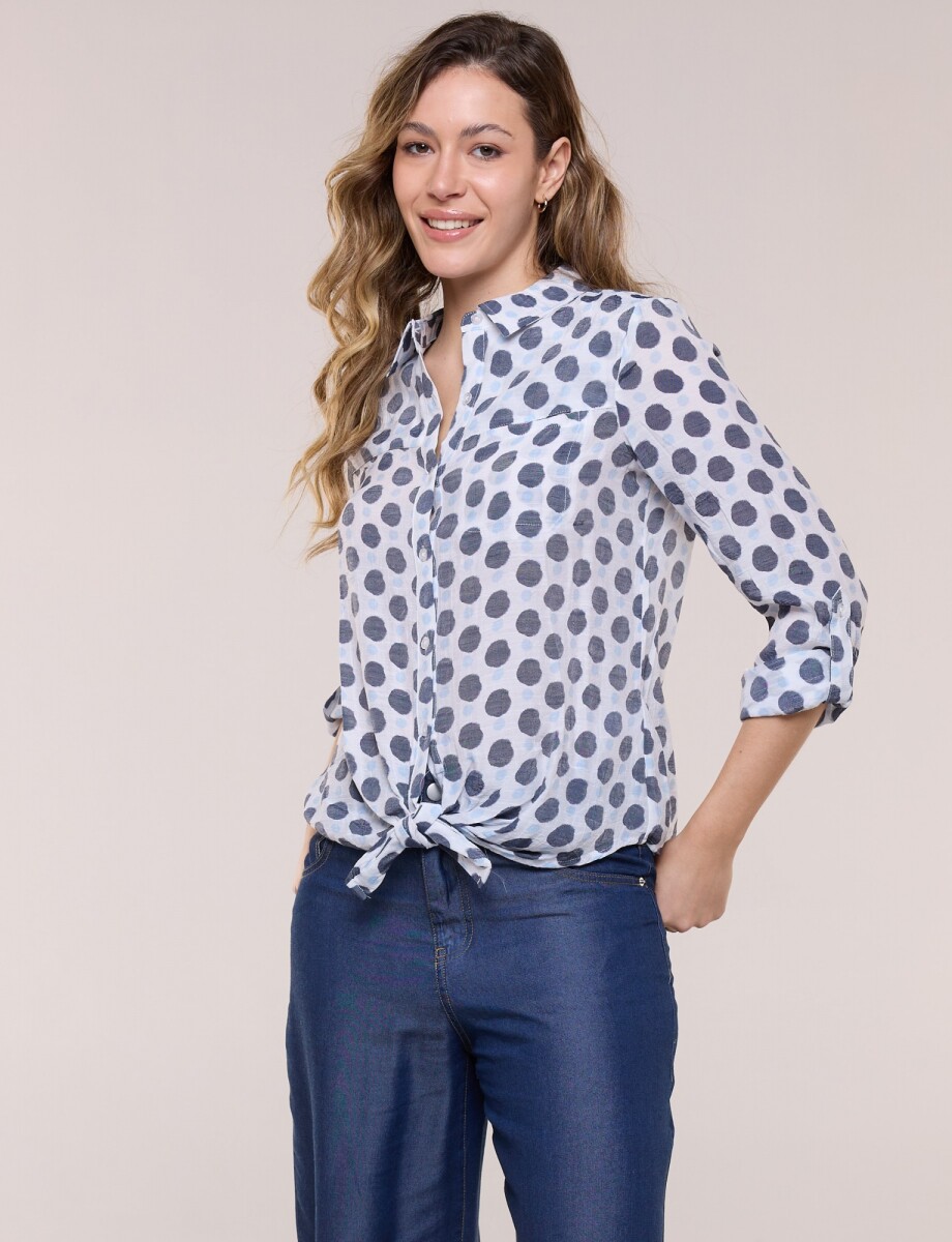 Camisa Lunares Con Nudo Frontal Y Bolsillo - Blanco/multi 