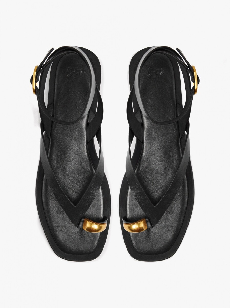 Sandalias De Piel Thong Tira Al Tobillo - negro 