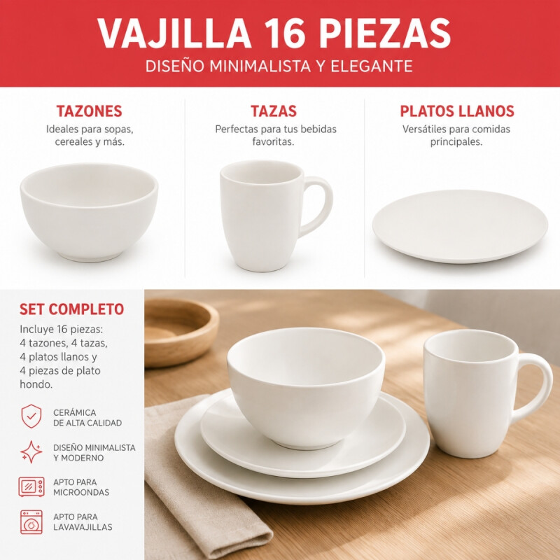 Juego Vajilla 16pcs llano 27/20/14/350ml BLANCO