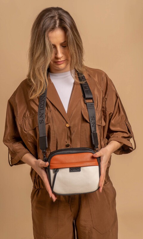 BANDOLERA MORRAL PALMA BLANCO - CARAMELO Y NEGRO