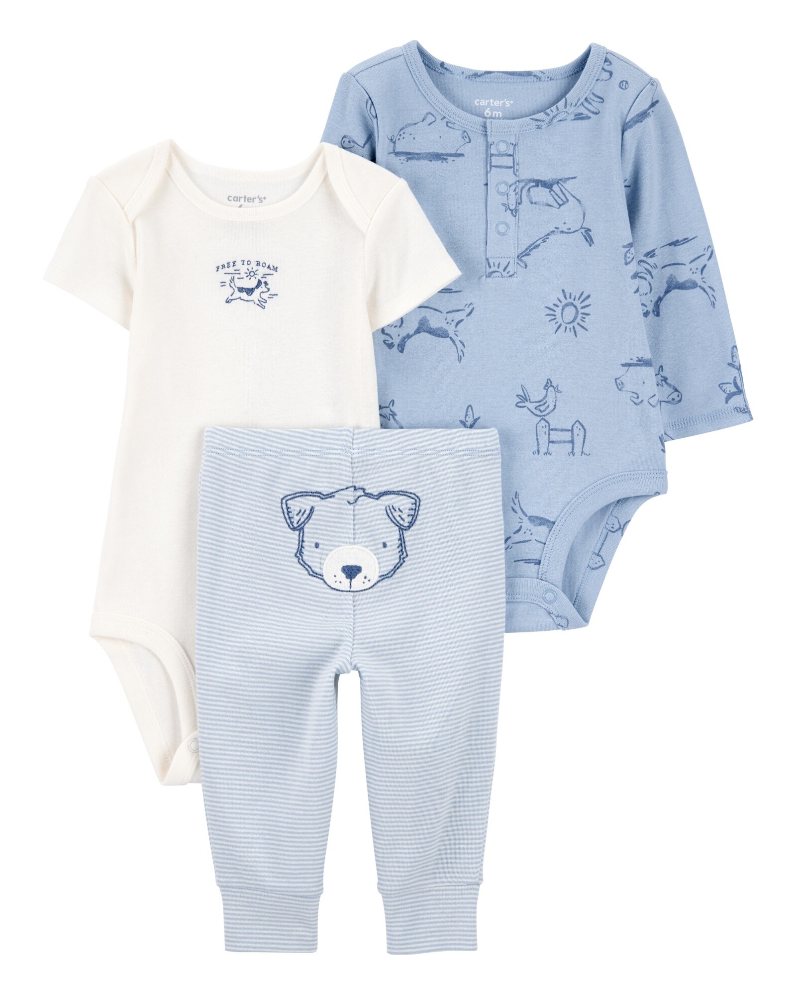 Set tres piezas de algodón, pantalón y dos bodies, azules Sin color