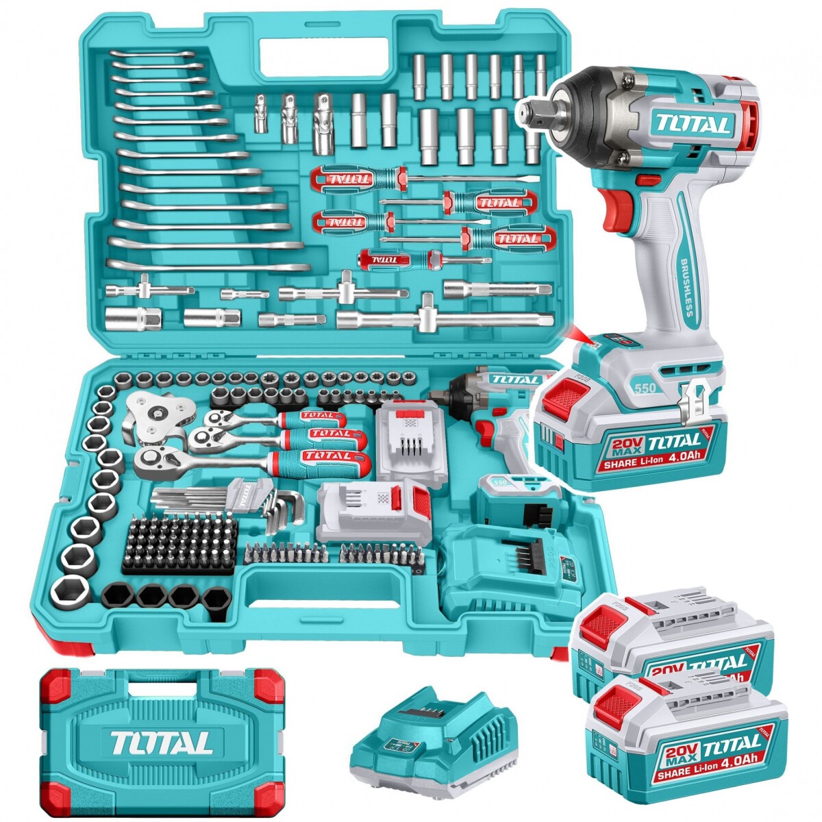 Set De 172 Piezas: Llave De Impacto Inalámbrica 20v 1/2" 550Nm + Herramientas Manuales 
