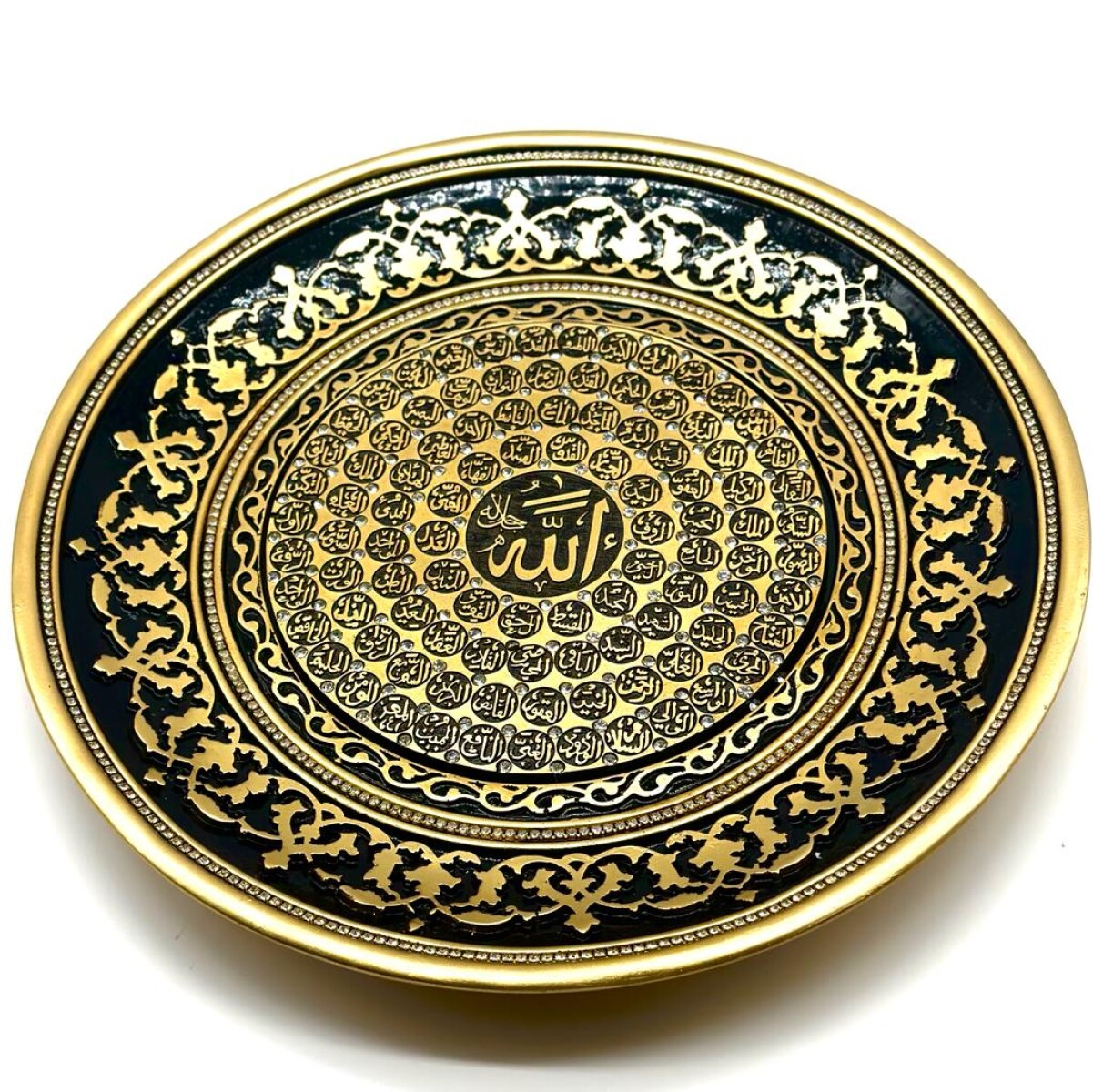 Plato de cerámica decorativo negro y dorado 