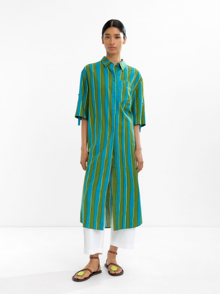 Vestido Camisero A Rayas Mezcla De Lino - azul 