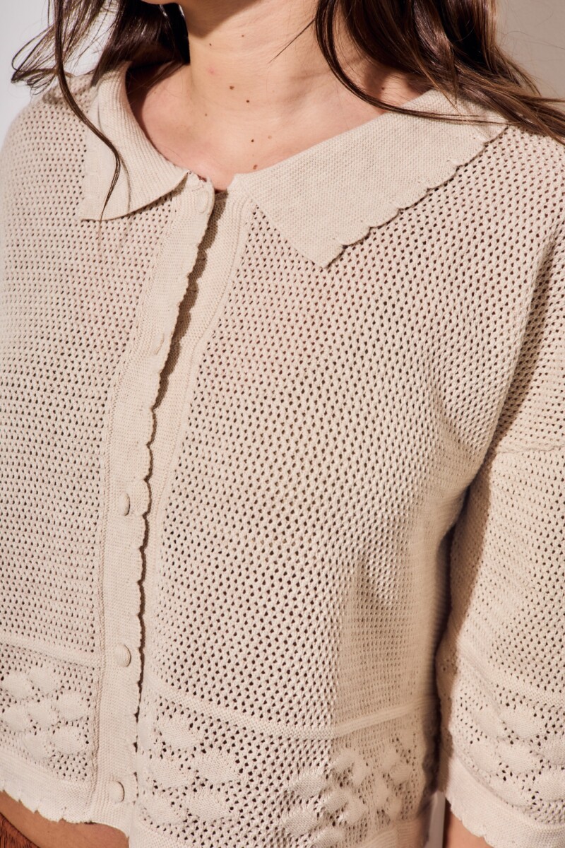 Cardigan Texturado Crochet Flores Beige Melange