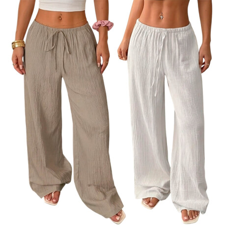 Set 2 Pantalones Palazzo Dama Tipo Lino Anchos Verano Blanco