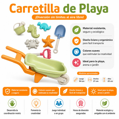 Set Juego De Playa Infantil 8 Piezas Con Carretilla y Moldes Verde