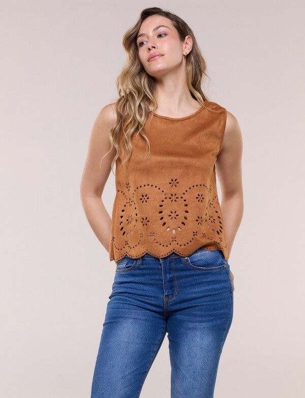 Blusa Suede Calado Floral TOSTADO