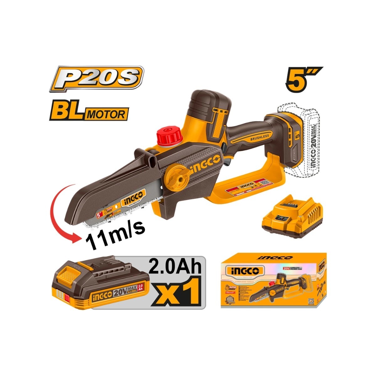 Mini Motosierra Inalámbrica INGCO CGSLI20561 20V Brushless 5" con Batería y Cargador 