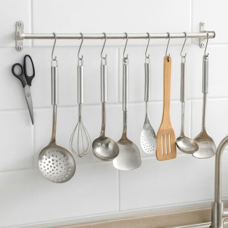 SOPORTE DE COCINA ACERO INOX 8 GANCHOS 50CM PLATA