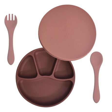 Set Comida Bebé Plato c/ Divisiones y Tapa + Cuchara Tenedor Rosa Viejo