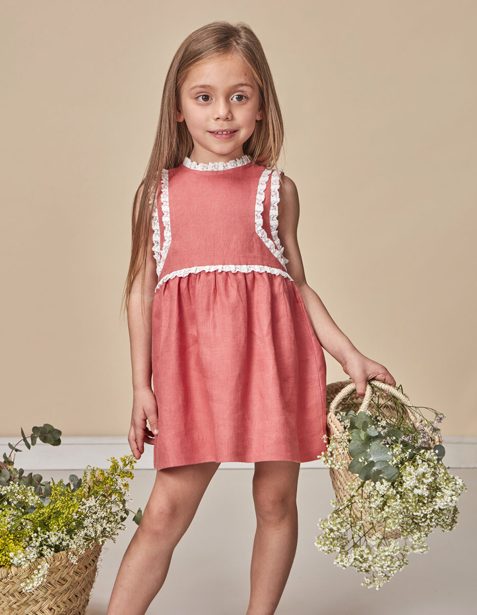 Vestido Lino Con Tiras Bordadas En Contr - Fresa Claro 