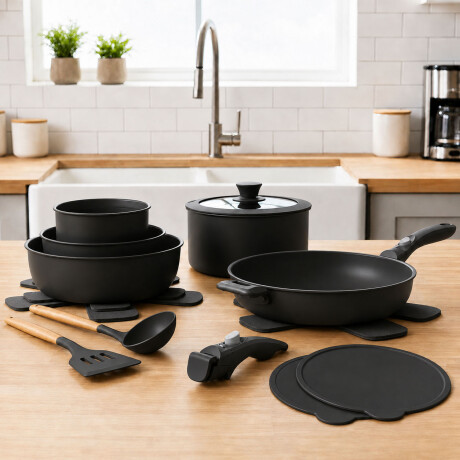 Set Ollas 17 Piezas Antiadherentes Mango Extraible Negro