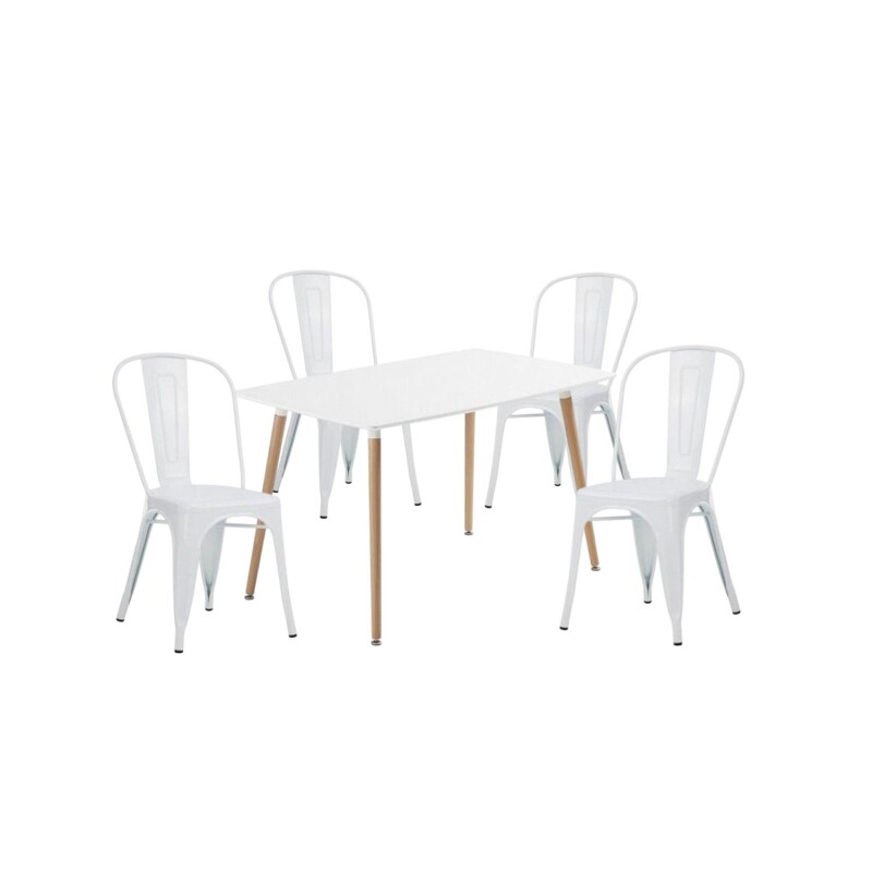 Juego de comedor mesa rectangular 120x80 + 4 Sillas Tolix Blanco