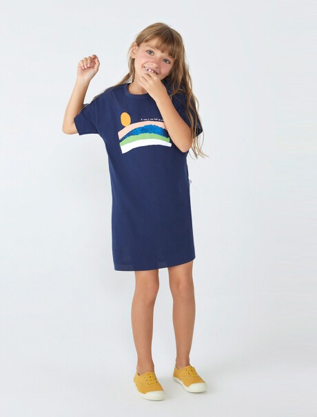 VESTIDO CON ESTAMPA DE ALGODÓN AZUL OSCURO