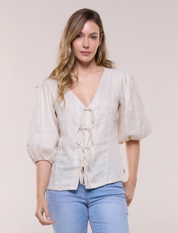 Blusa Lino Con Lazos BEIGE CLARO