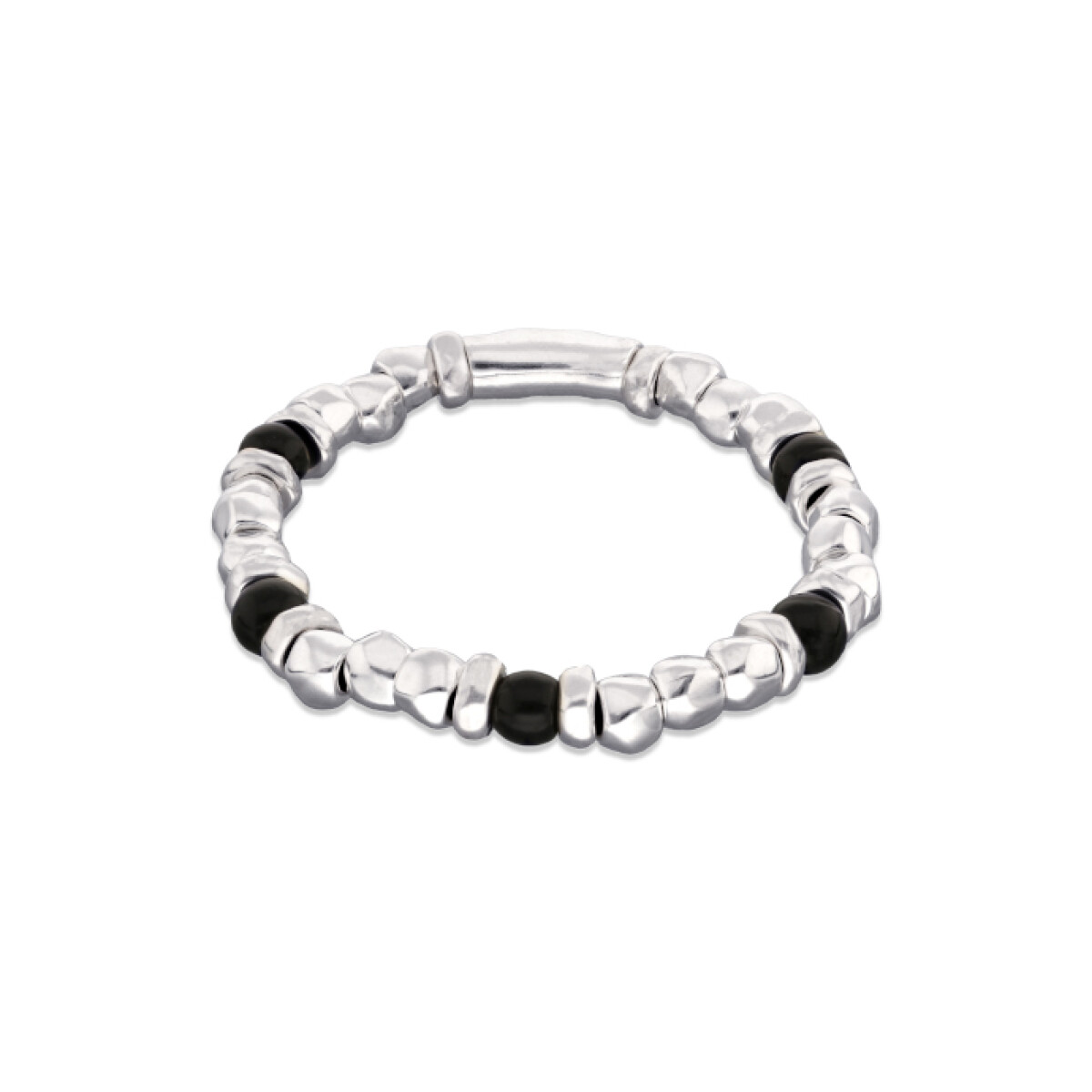 PULSERA ELÁSTICA DE CUENTAS DE ALECIÓN DE METALES BAÑADAS EN PLATA Y CRISTAL DE MURANO NEGRO - Pulsera 