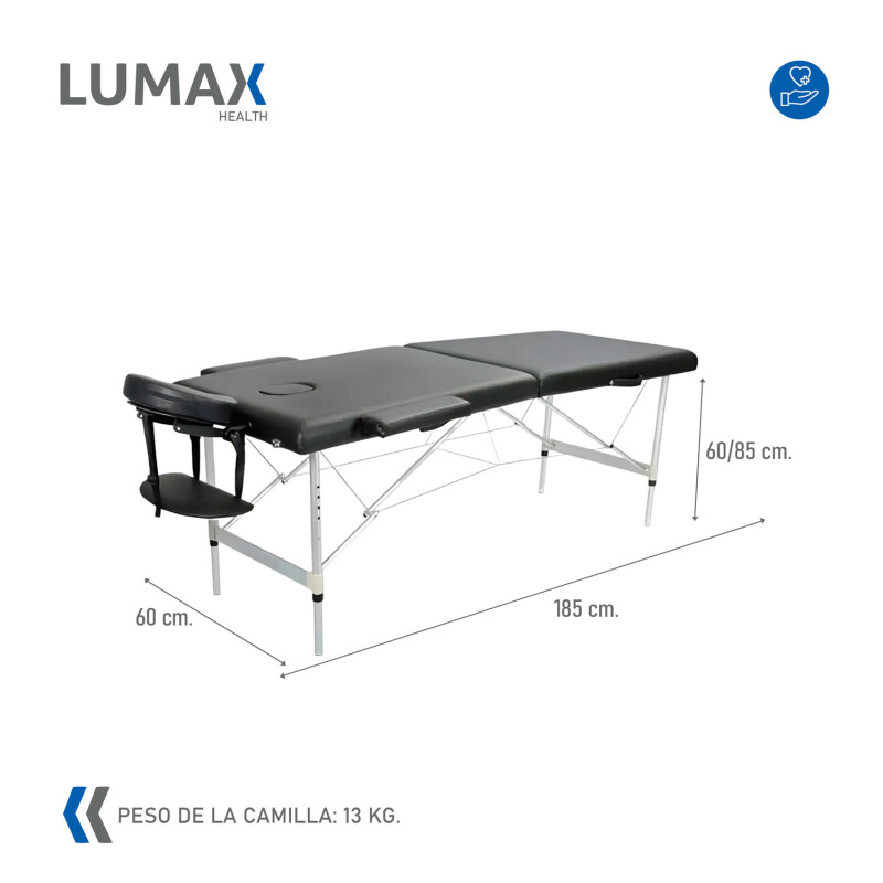 Camilla Portátil Profesional Lumax de Aluminio 185x60cm Negra