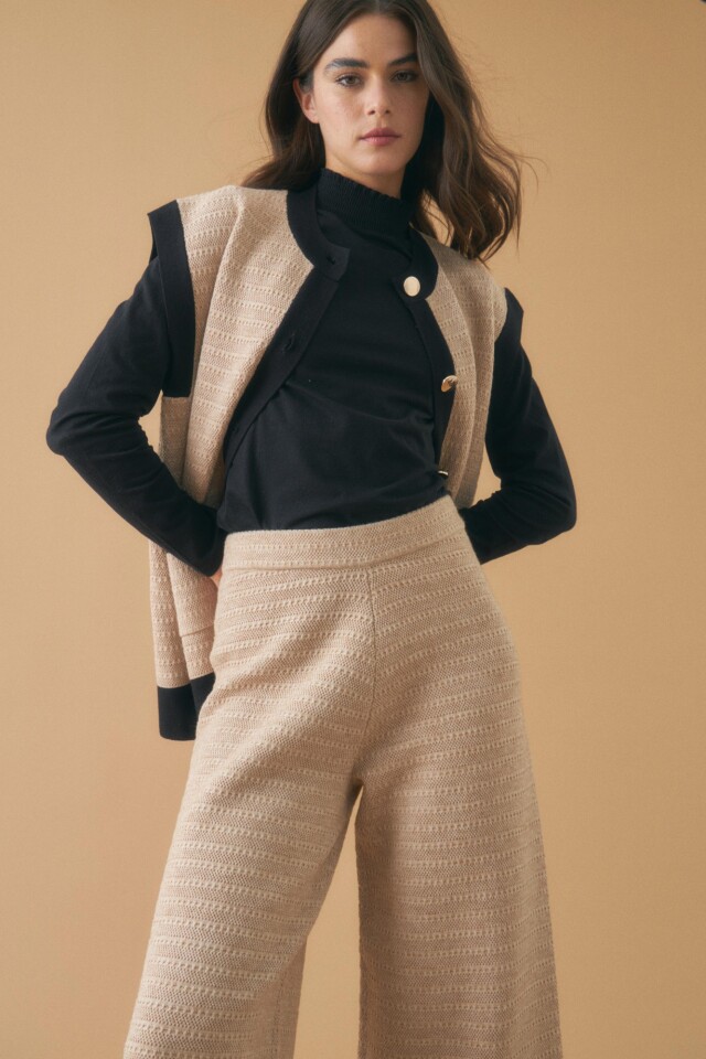 Pantalón tejido bicolor beige