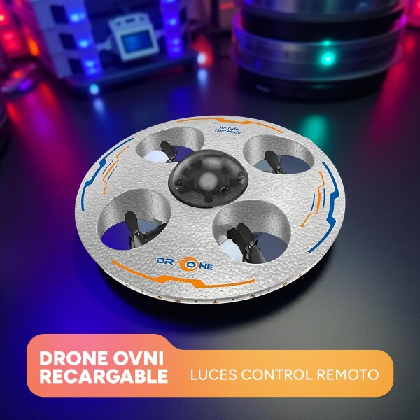 Drone Ovni Ufo Nave Espacial Luces RGB Control Remoto 80 Mts Color Gris
