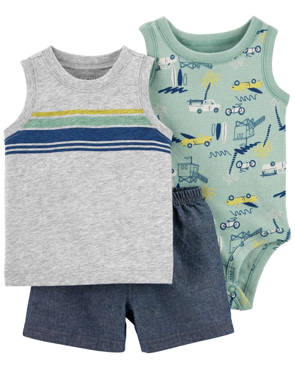 Set Tres Piezas con Short, Blusa y Body Vehículos Algodón 