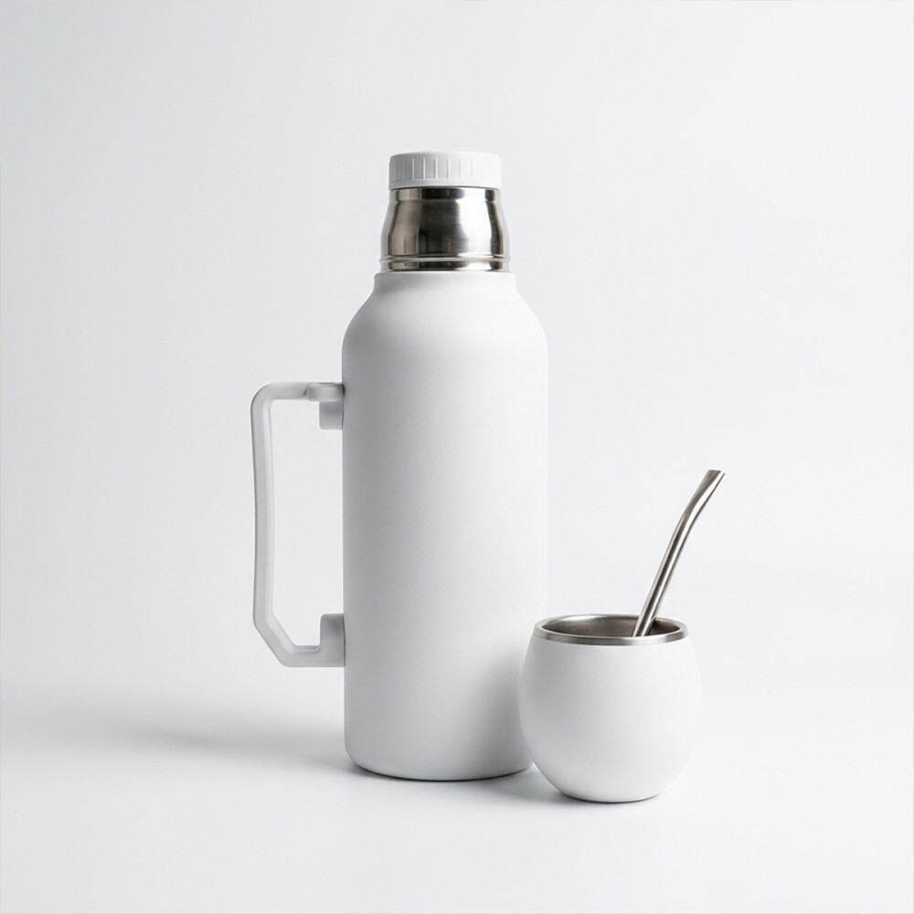 Set De Termo + Mate + Bombilla 1 Litro Acero Blanco