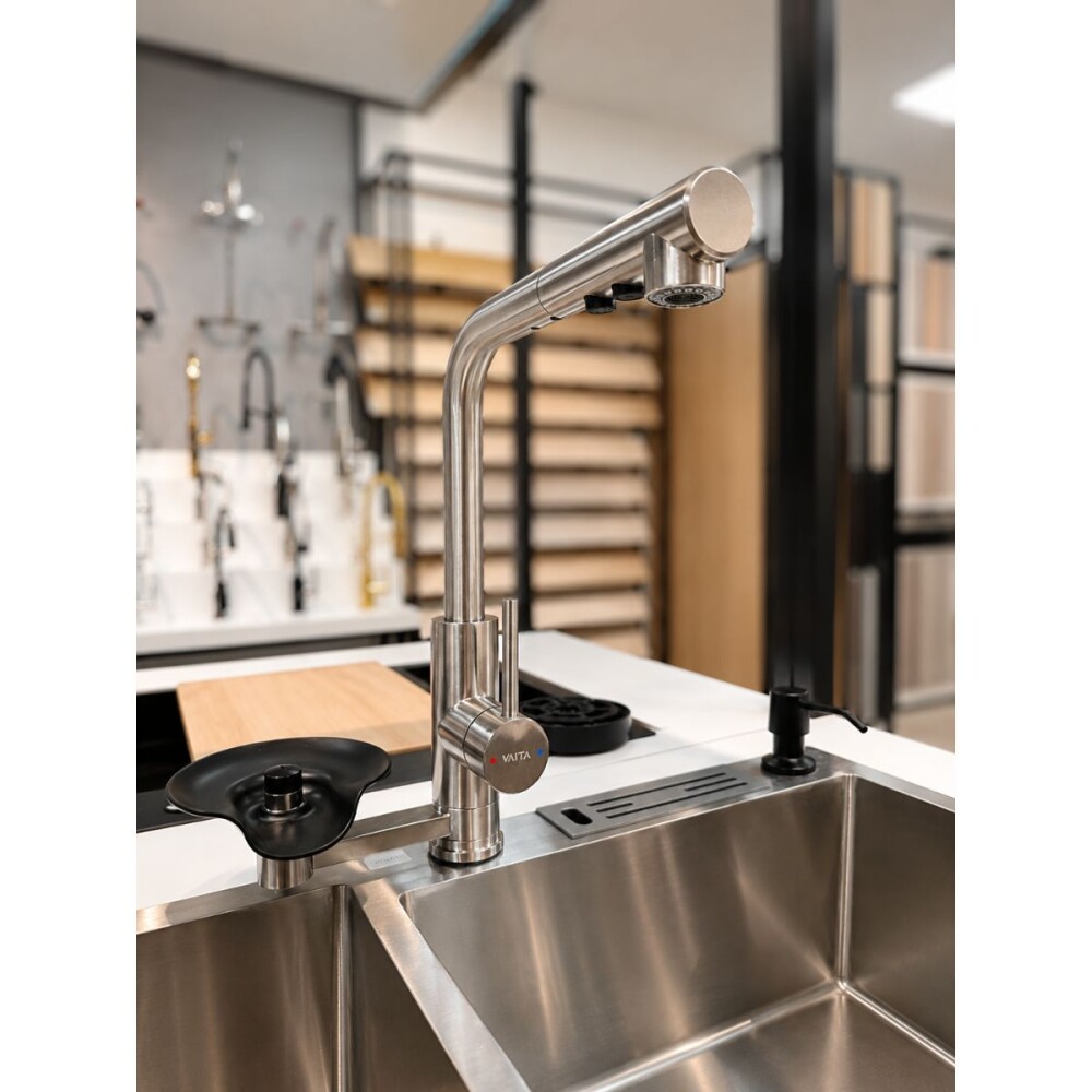 Grifería de Cocina monocomando de Mesada con lavavasos satinado en L pico extraible Grifería De Cocina Monocomando De Mesada Con Lavavasos Satinado En L Pico Extraible