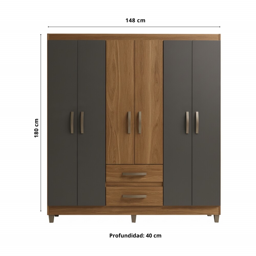 ROPERO GUARDARROPA ARMARIO CLÓSET PLACARD 6 PUERTAS 2 CAJONES MARRÓN-GRIS