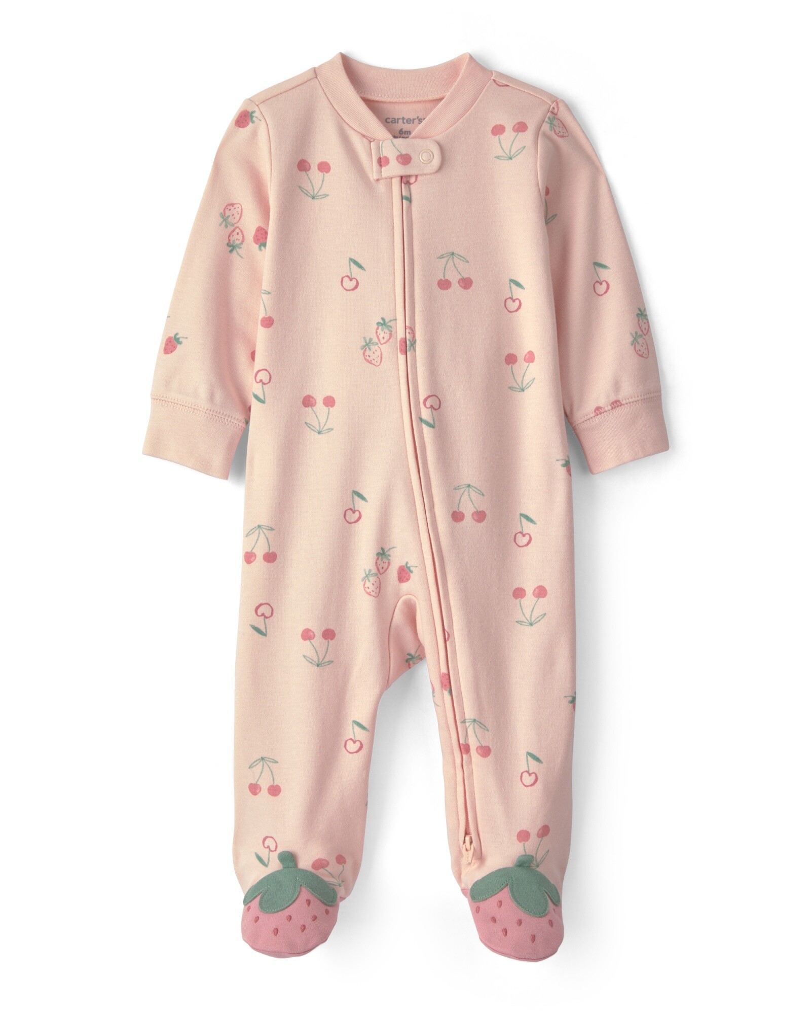 Pijama una pieza de algodón, con pie, rosado, diseño frutillas y cerezas Sin color