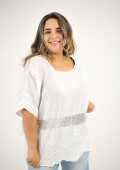 Blusa 100% lino con broderie y lentejuela Blanca