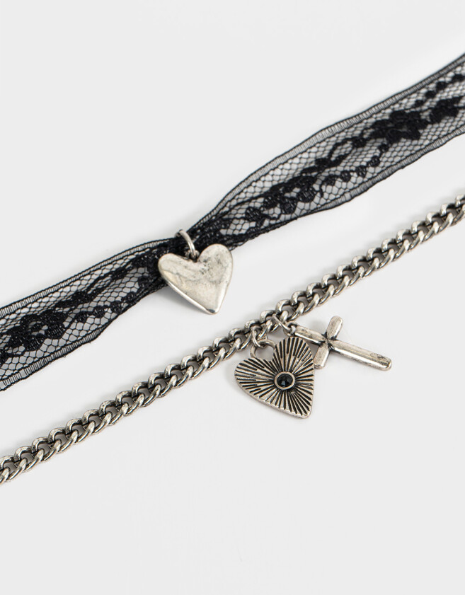 Collares Cortos Con cruz Collar Corto Con Cruz Y Corazón - Plateado Antique Silver