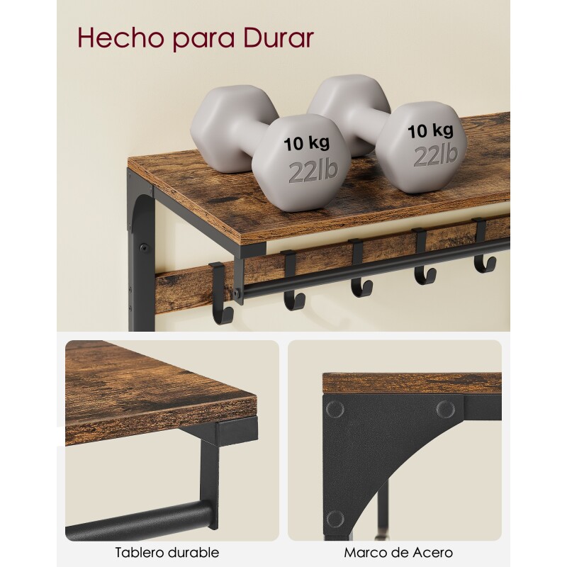 SONGMICS Perchero de Pared con Estante y 10 Ganchos Extraíbles – Para Entrada, Dormitorio o Baño Sin Color