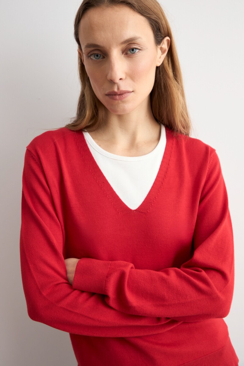 Sweater básico escote V rojo